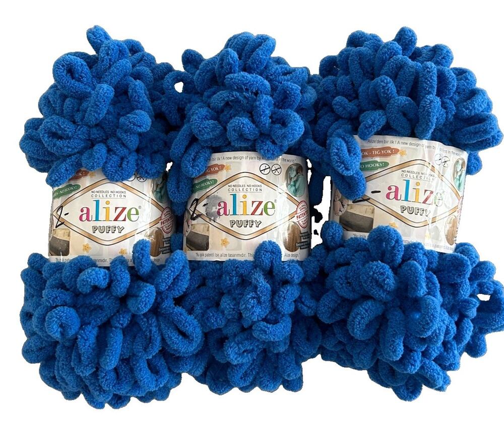 Alize Puffy Yarn Lot Of 3 Skeins Finger Loop Knitting Blanket Scarf Sax Blue 141